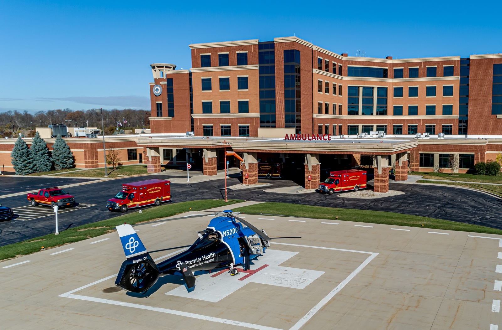 CareFlight helicopter sits on the Atrium Medical Center helipad.
